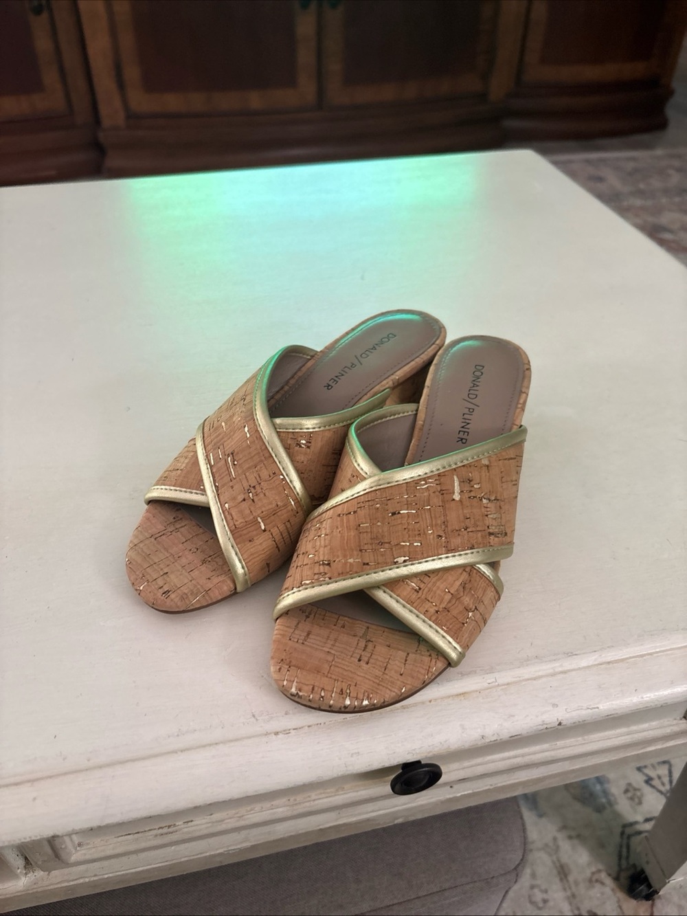 Donald J. Pliner Cork Slide Mules with Gold Trim Size 6